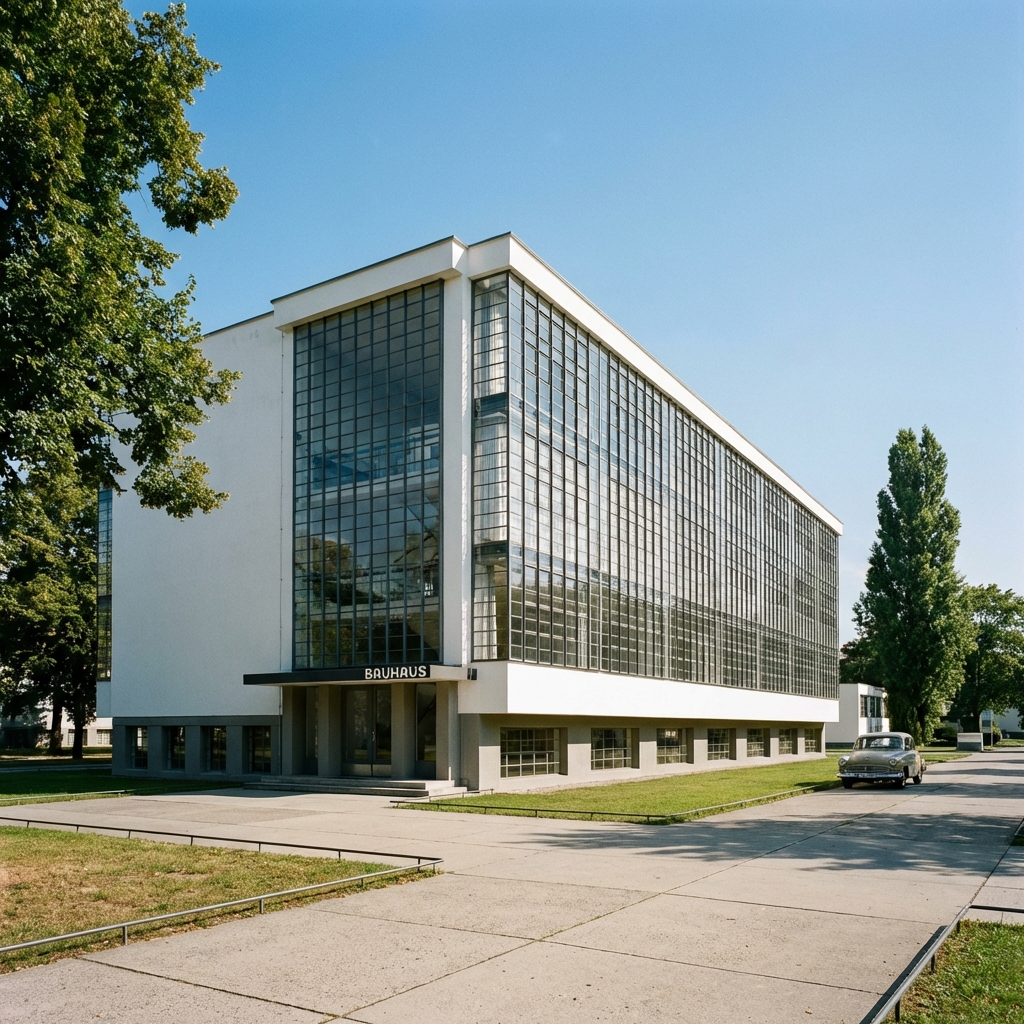 Bauhaus-Gebäude in Dessau – Hauptgebäude mit ikonischer Glasfassade, entworfen von Walter Gropius