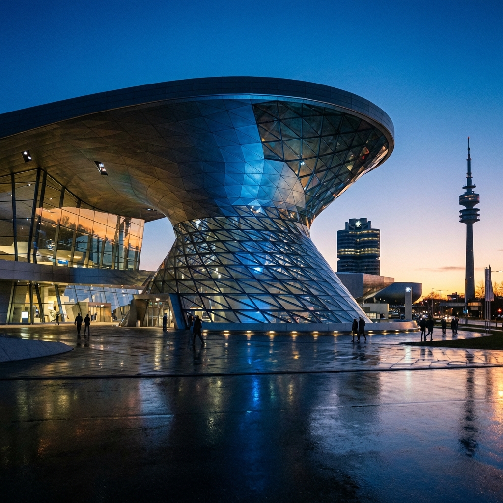 BMW Welt München – futuristisches Auslieferungszentrum mit Doppelkegel-Konstruktion