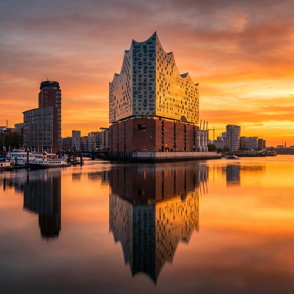 Elbphilharmonie Hamburg bei Nacht – gläserne Fassade spiegelt sich im Hafenwasser